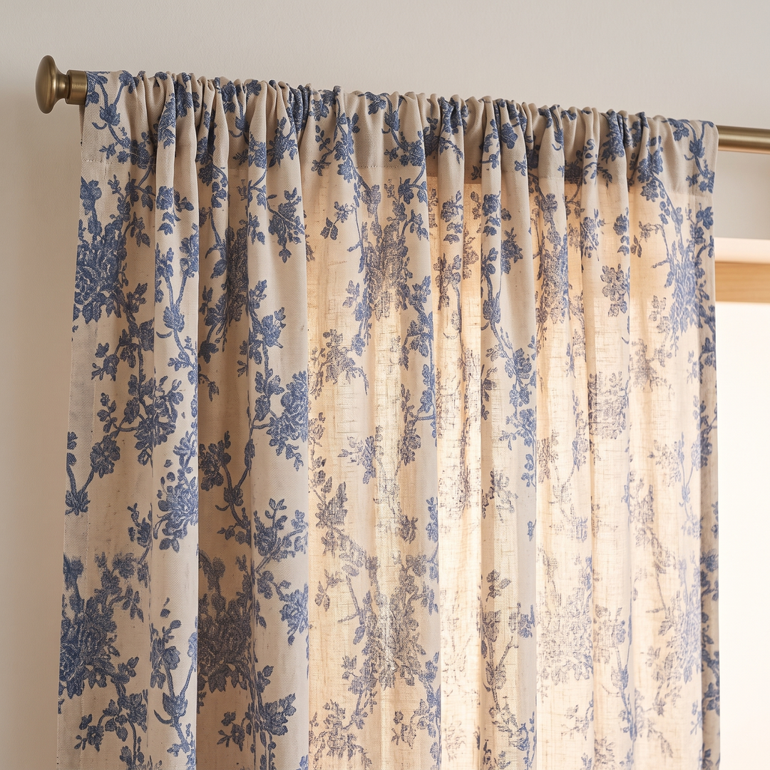 Floral Curtain Panel – Rod Pocket in Blue Floral – close-up of the top of a single panel on a brass rod