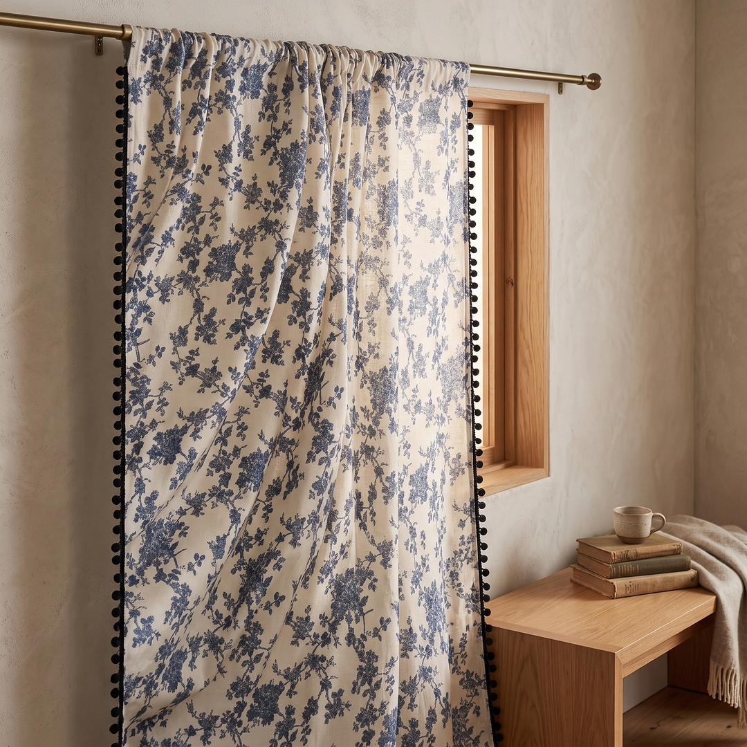 Floral Curtain Panel – Rod Pocket in Blue Floral – Pom-Pom – beside a wooden bench with books and mug