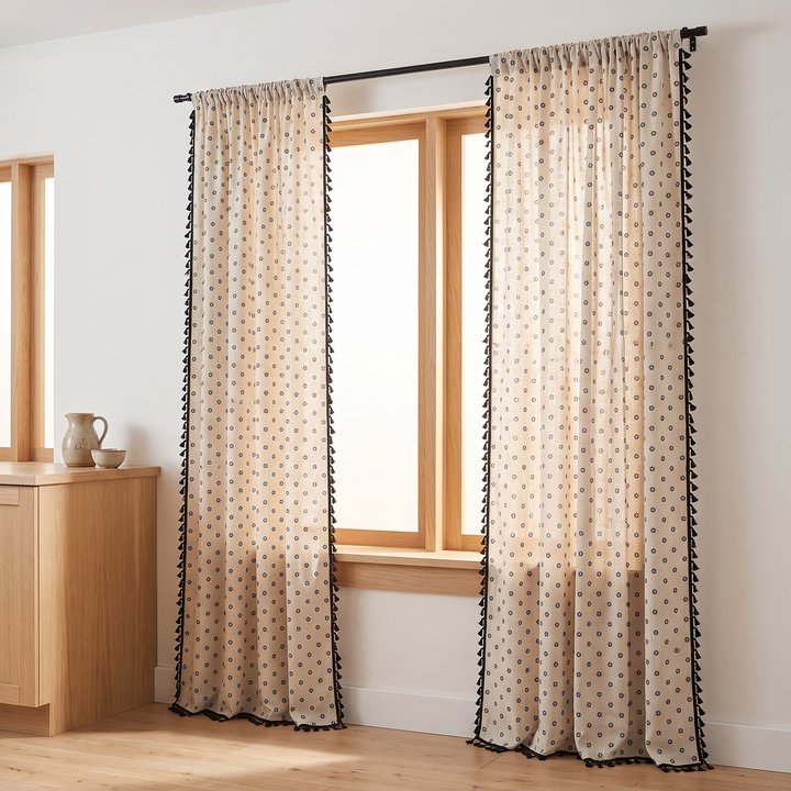 Floral Curtain Panel – Rod Pocket in Cream Daisy – full length drop beside a wooden cabinet with ceramic pitcher