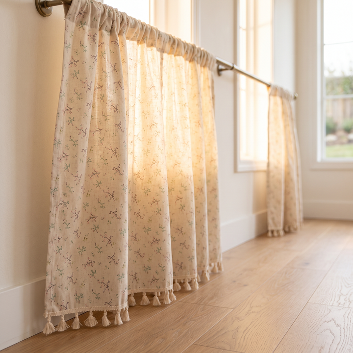 Floral Curtain Panel – Rod Pocket in Cream Sprig – low angle view of tassel hem backlit by window light