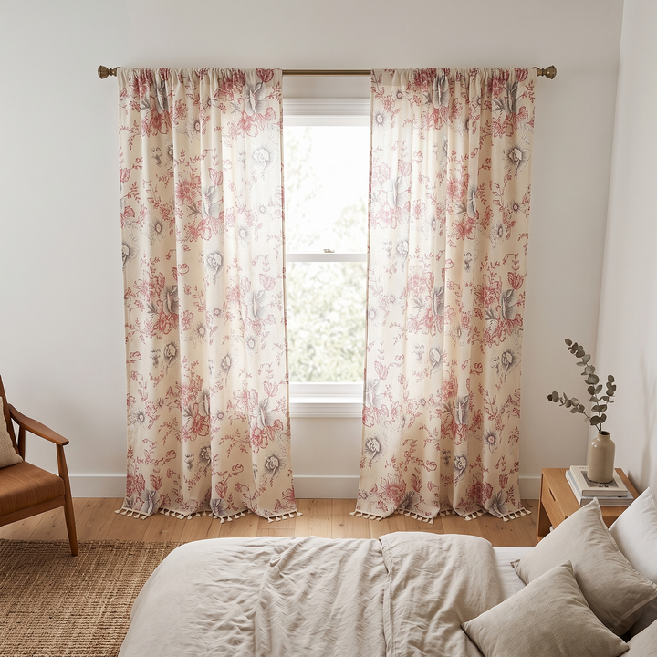 Floral Curtain Panel – Rod Pocket in Pink Floral – framed over a bed with linen bedding in a bedroom