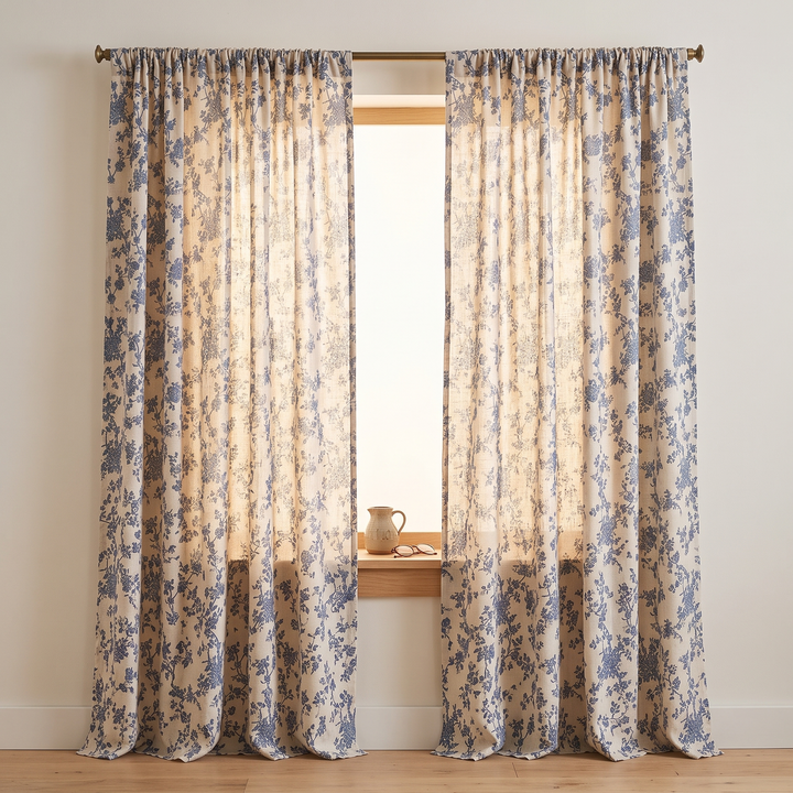 Floral Curtain Panel – Rod Pocket in Blue Floral – pair of panels hung on a rod beside a window