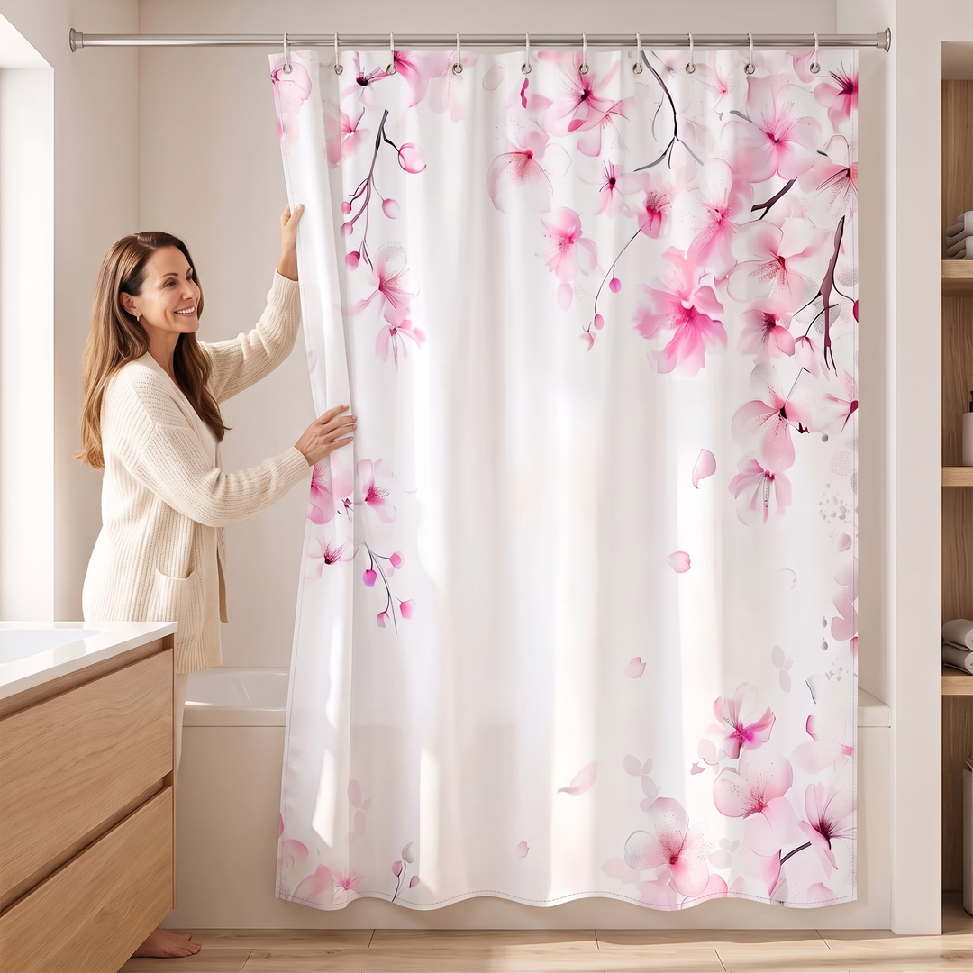 Floral Fabric Shower Curtain in White – Cherry Blossom – pulled across a bathtub by a smiling woman in a cardigan