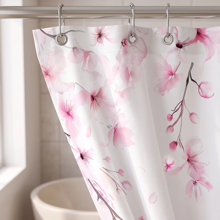 Floral Fabric Shower Curtain in White – Cherry Blossom – close-up of curtain top hanging from metal hooks beside a window