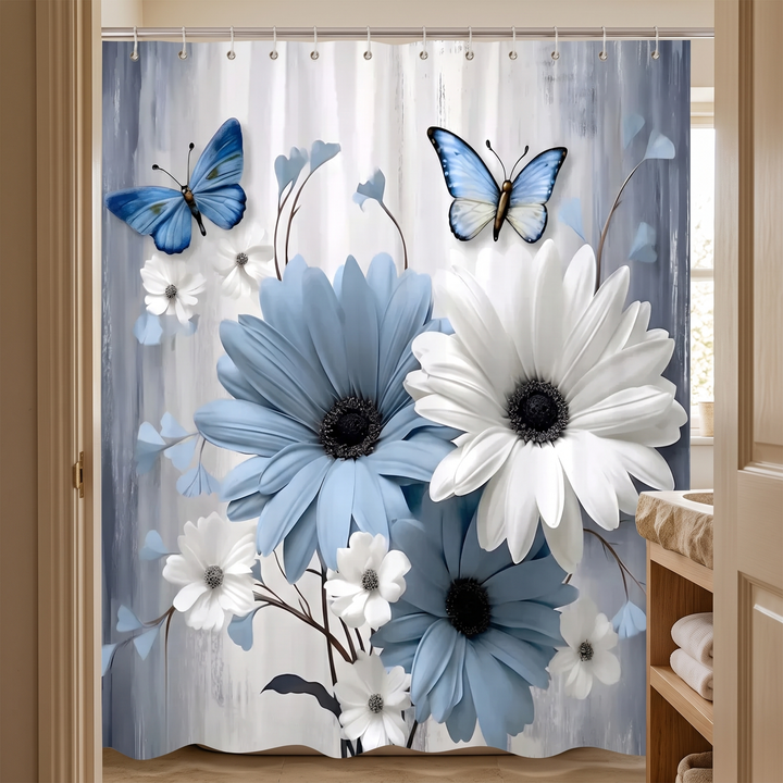 Floral Fabric Shower Curtain in Gray – Daisy &amp; Butterfly – seen through an open doorway framed by wooden trim