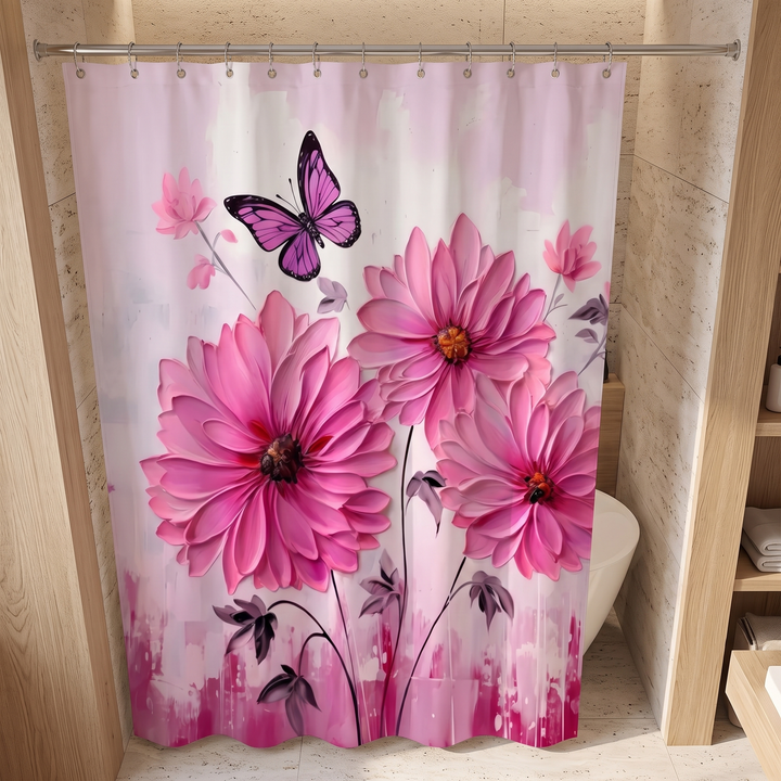 Floral Fabric Shower Curtain in Pink – Daisies – high-angle view inside a stone-tiled shower alcove