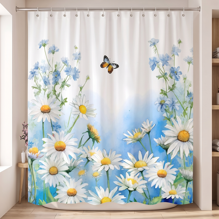 Floral Fabric Shower Curtain in Sky Blue – Daisy Meadow – orange butterfly above daisies and blue wildflowers