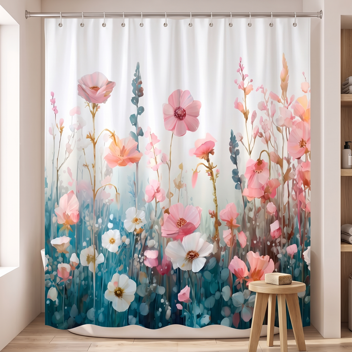 Floral Fabric Shower Curtain in Teal – Wildflower Meadow – blooms fading upward into a soft white gradient
