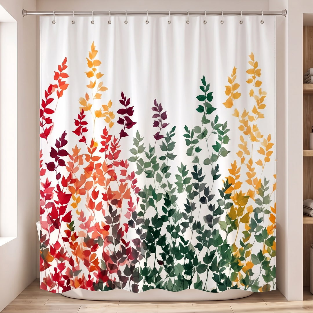 Floral Fabric Shower Curtain in White – Autumn Leaves – straight-on view of leafy stems rising from the hem