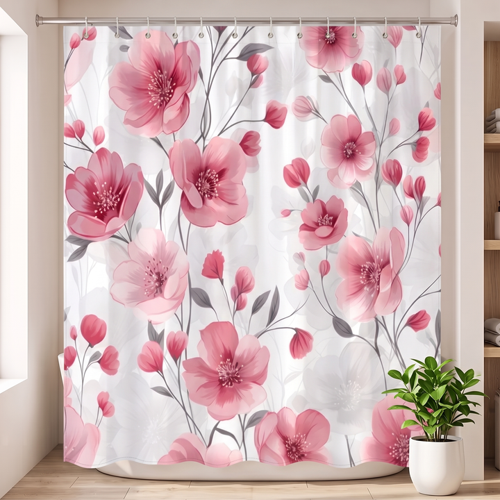 Floral Fabric Shower Curtain in White – Blossoms – beside a white pot holding a leafy green plant