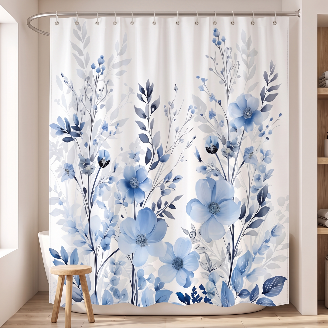 Floral Fabric Shower Curtain in White – Botanical Sprigs – behind a freestanding tub with a small wooden stool