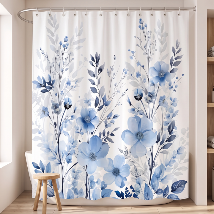Floral Fabric Shower Curtain in White – Botanical Sprigs – behind a freestanding tub with a small wooden stool