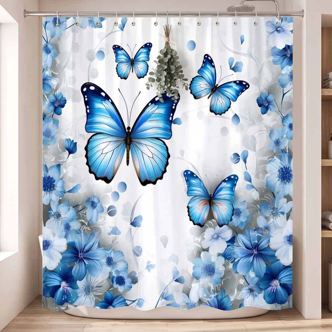 Floral Fabric Shower Curtain in White – Butterflies – eucalyptus bunch hanging in front of the curtain beside a showerhead