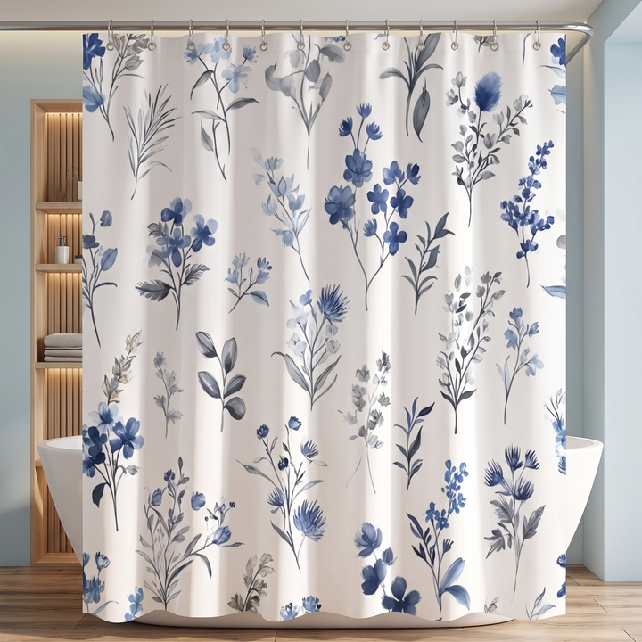 Floral Fabric Shower Curtain in White – Cornflowers – on a curved rod above a wood plank floor