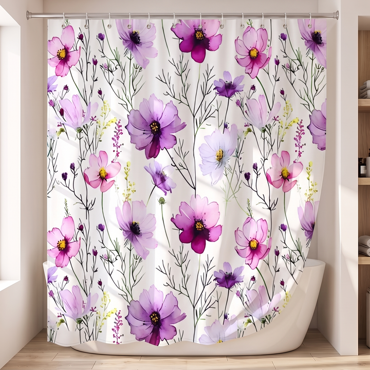 Floral Fabric Shower Curtain in White – Cosmos – hem folds draping over the rim of a white tub
