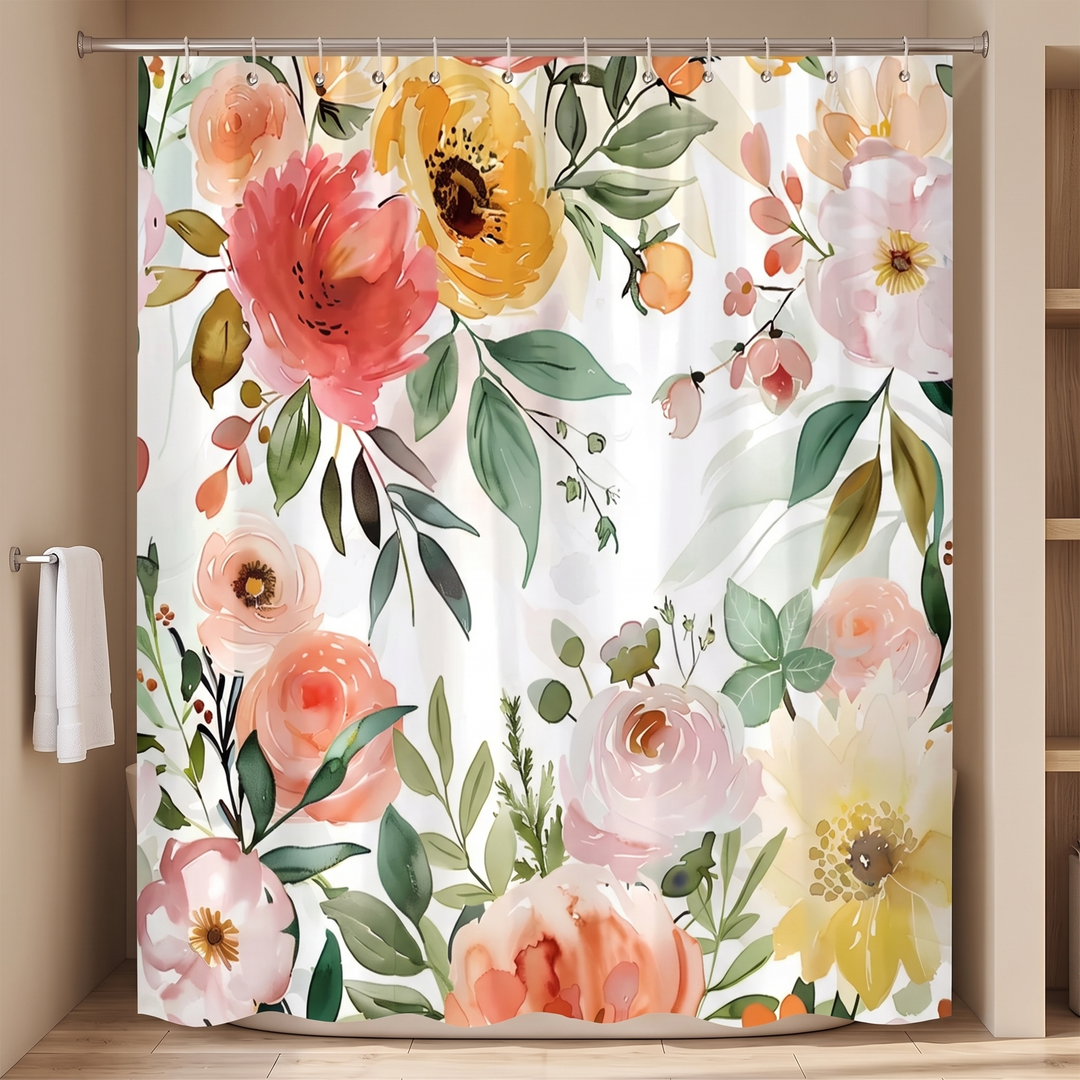 Floral Fabric Shower Curtain in White – Garden Roses – beside a white towel hanging on a wall bar