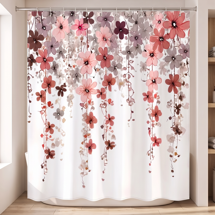 Floral Fabric Shower Curtain in White – Hanging Blossoms – full-length front view of blossom vines trailing down from top