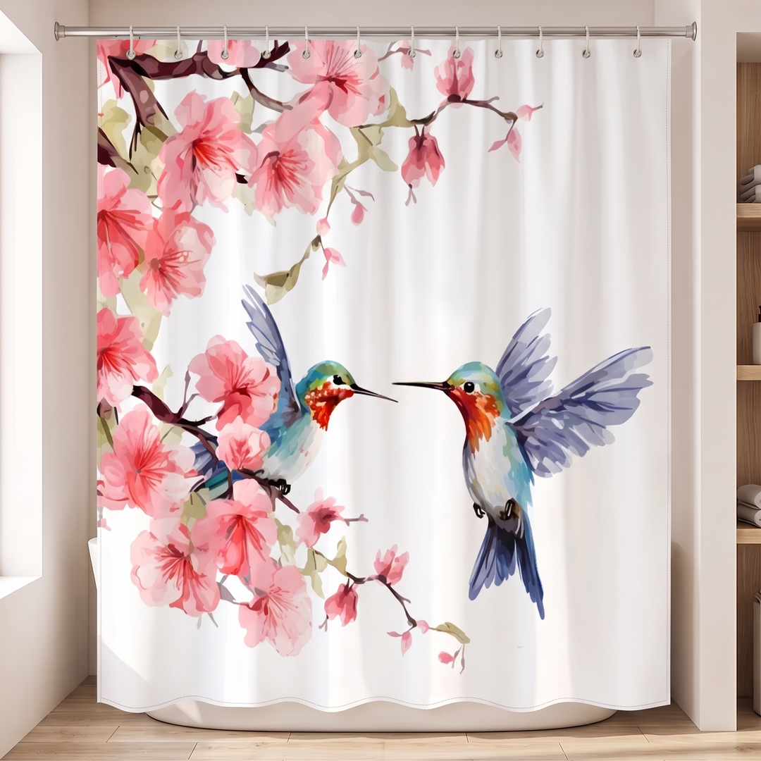 Floral Fabric Shower Curtain in White – Hummingbirds – two hummingbirds hovering face to face beside blossoming branches