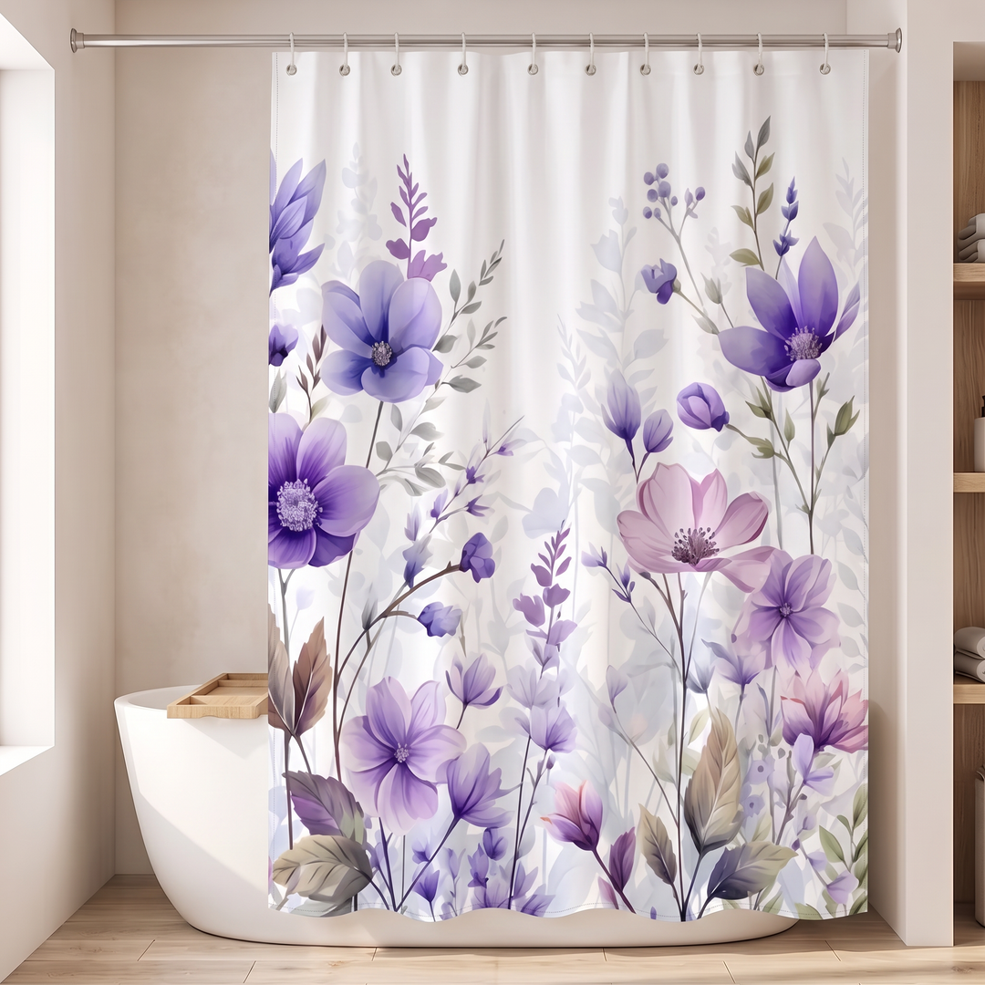 Floral Fabric Shower Curtain in White – Meadow Flowers – flanked by a sunlit window and shelves of folded towels