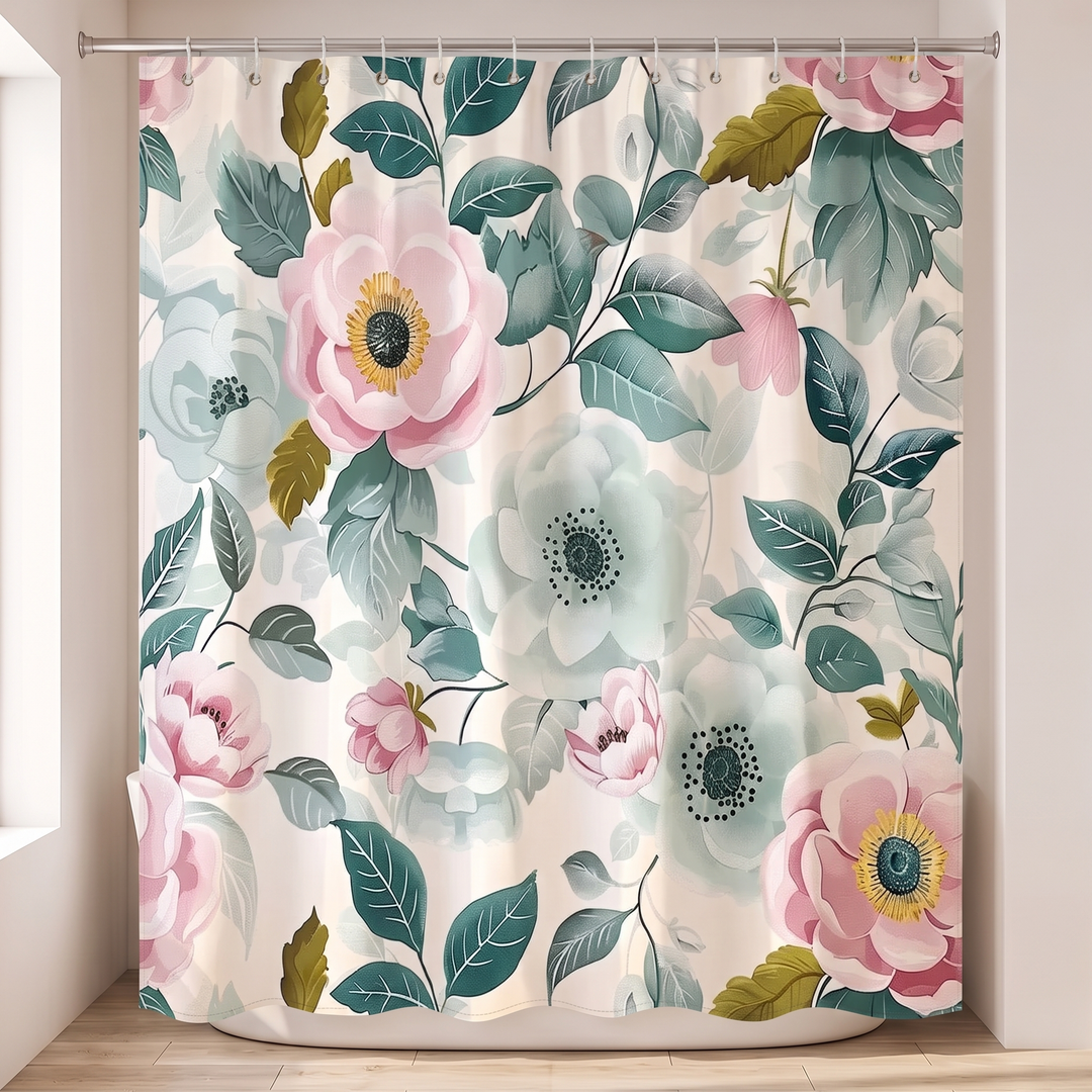 Floral Fabric Shower Curtain in White – Peonies – closed across a tub alcove between plain white walls