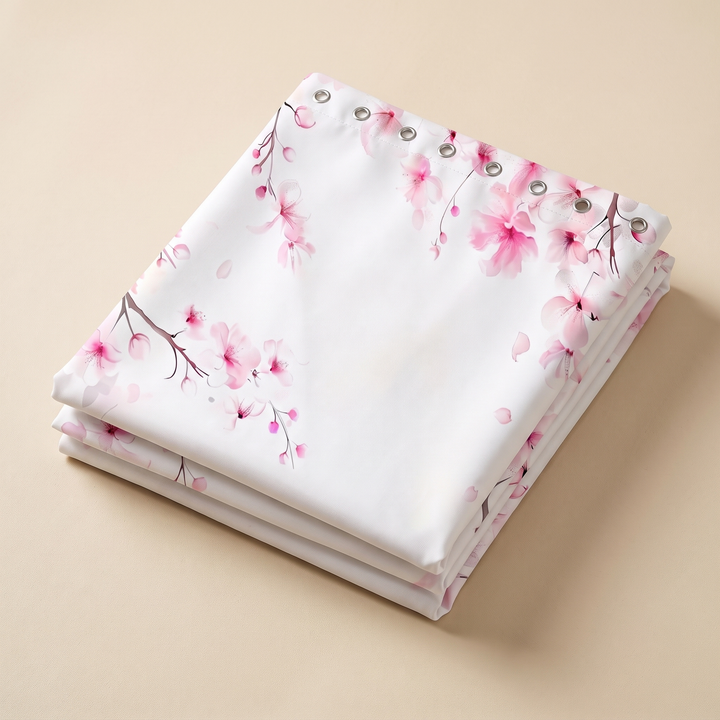 Floral Fabric Shower Curtain in White – Cherry Blossom – folded in a neat stack on a plain beige background