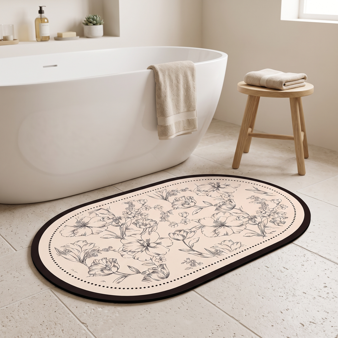Quick-Dry Bath Mat – Floral, Non-Slip in Oval – on a tiled bathroom floor beside a freestanding white tub