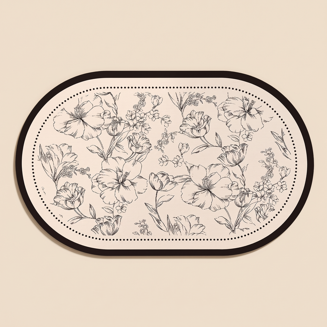 Quick-Dry Bath Mat – Floral, Non-Slip in Oval – flat top-down view on a plain beige background