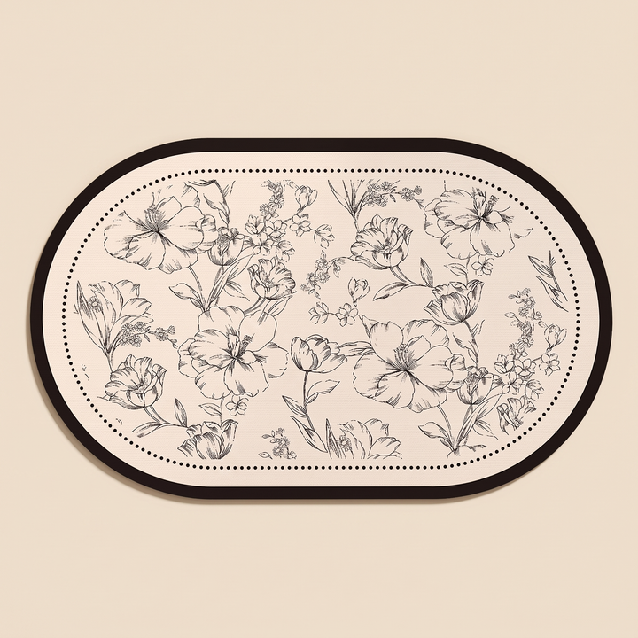 Quick-Dry Bath Mat – Floral, Non-Slip in Oval – flat top-down view on a plain beige background