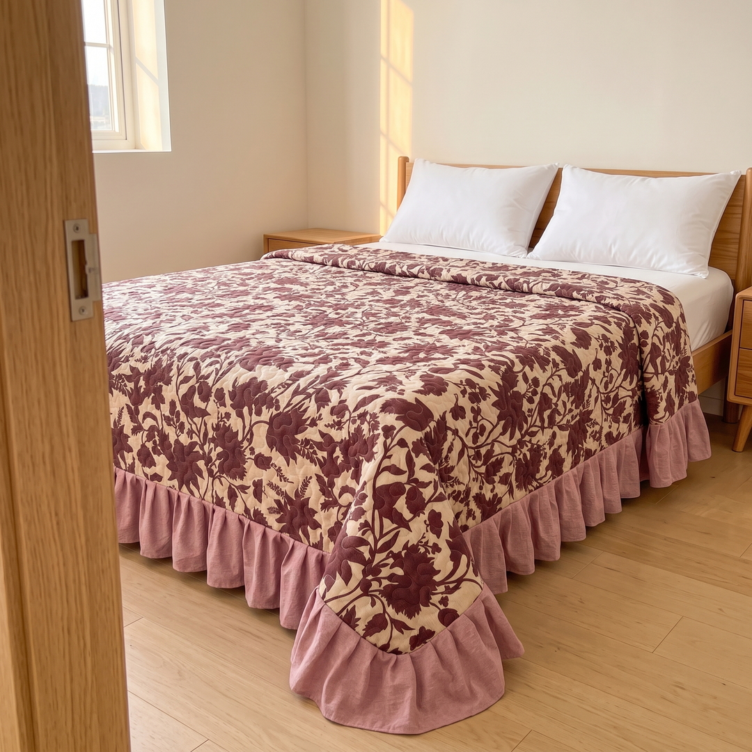 Floral Quilt with Ruffled Edge in Burgundy Floral – seen through an open bedroom doorway onto a wood floor