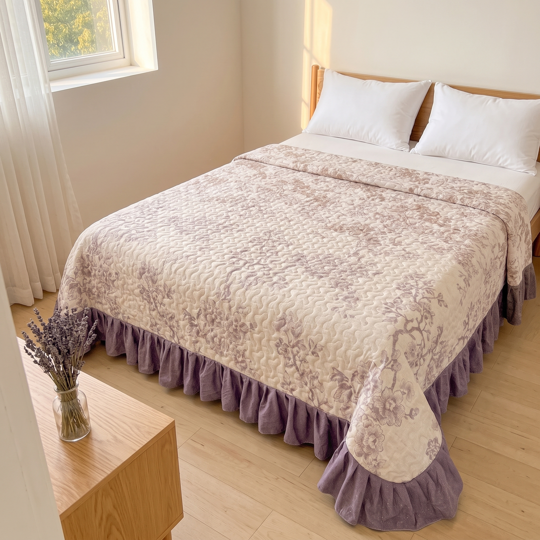 Floral Quilt with Ruffled Edge in Lavender Floral – sunlit corner view with dried flowers on a wooden table