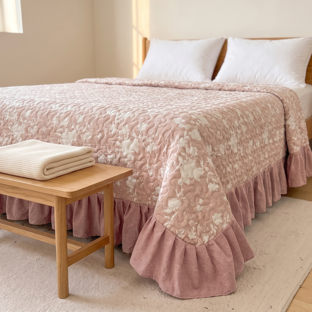 Floral Quilt with Ruffled Edge in Pink Floral – beside a wooden bench with a folded blanket on top