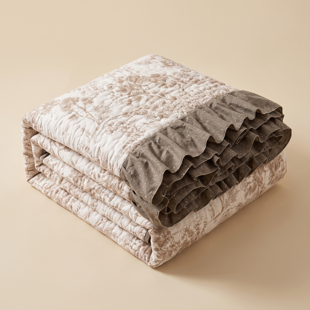 Floral Quilt with Ruffled Edge in Cream Floral – folded in a neat stack against a plain beige background