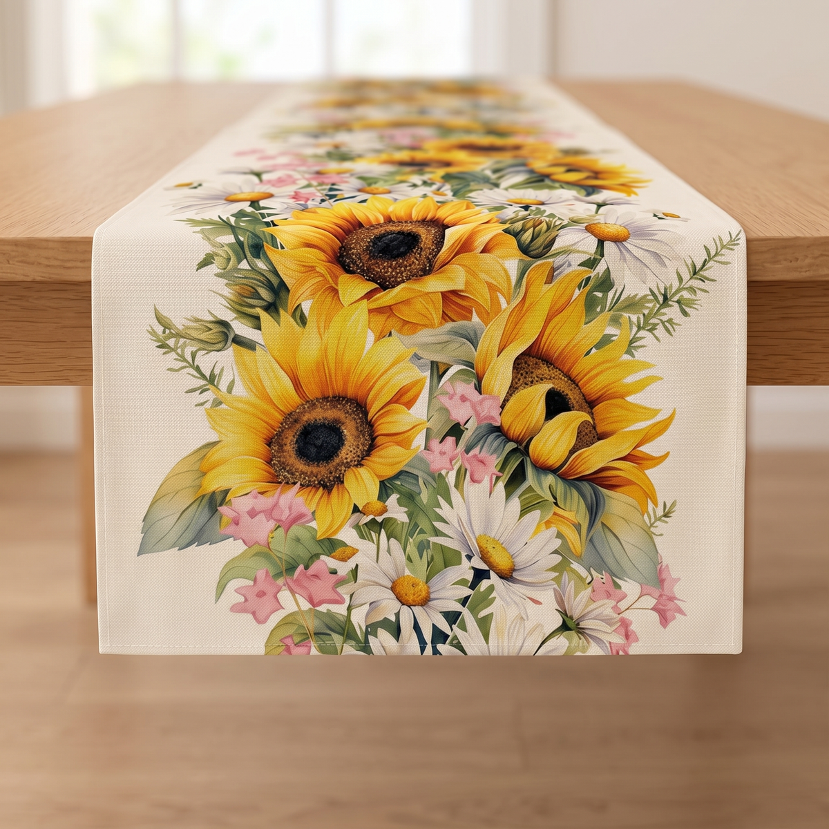 Floral Table Runner in Cream – Sunflower – head-on view of the end hanging over the table edge