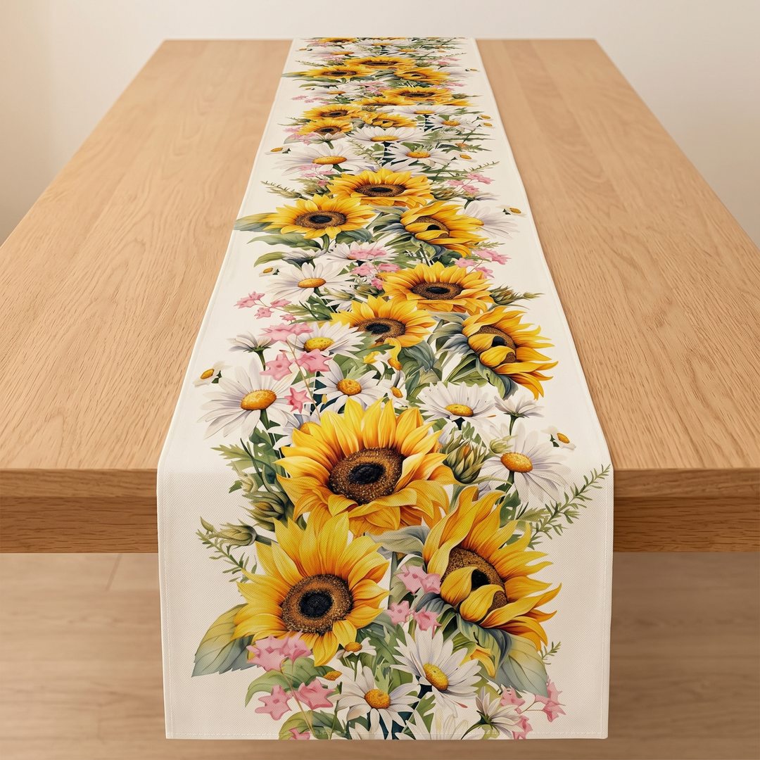 Floral Table Runner in Cream – Sunflower – laid lengthwise down the center of a wooden table