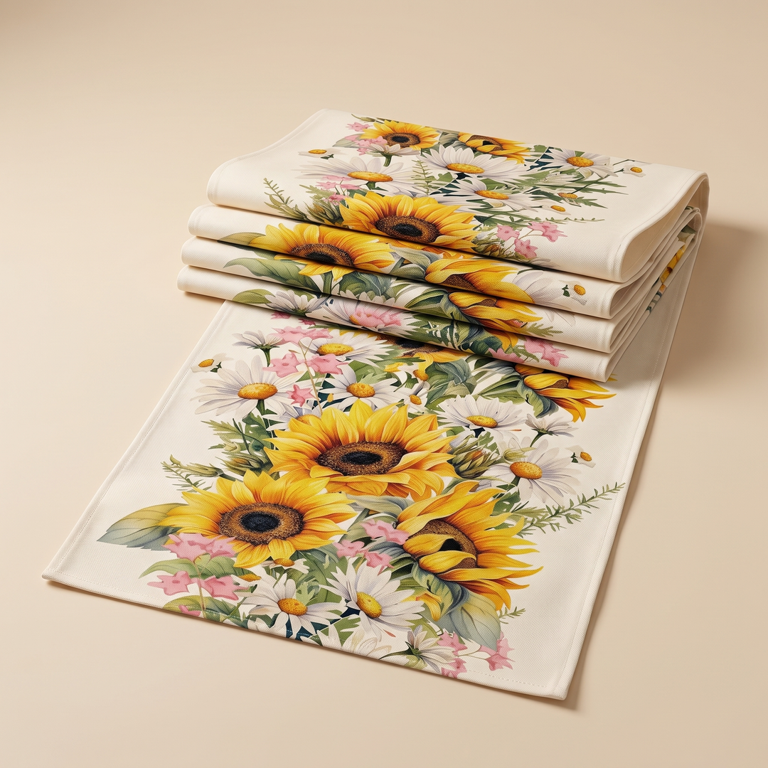 Floral Table Runner in Cream – Sunflower – folded in layers on a plain beige surface, angled overhead