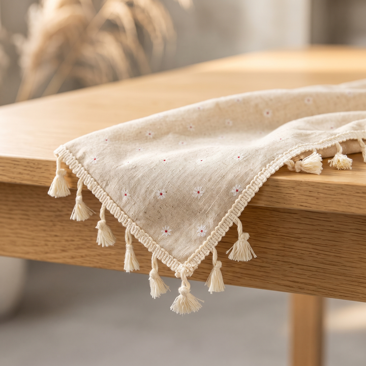 Floral Tablecloth with Tassels in Beige Daisy – close-up of braided trim and hanging tassels