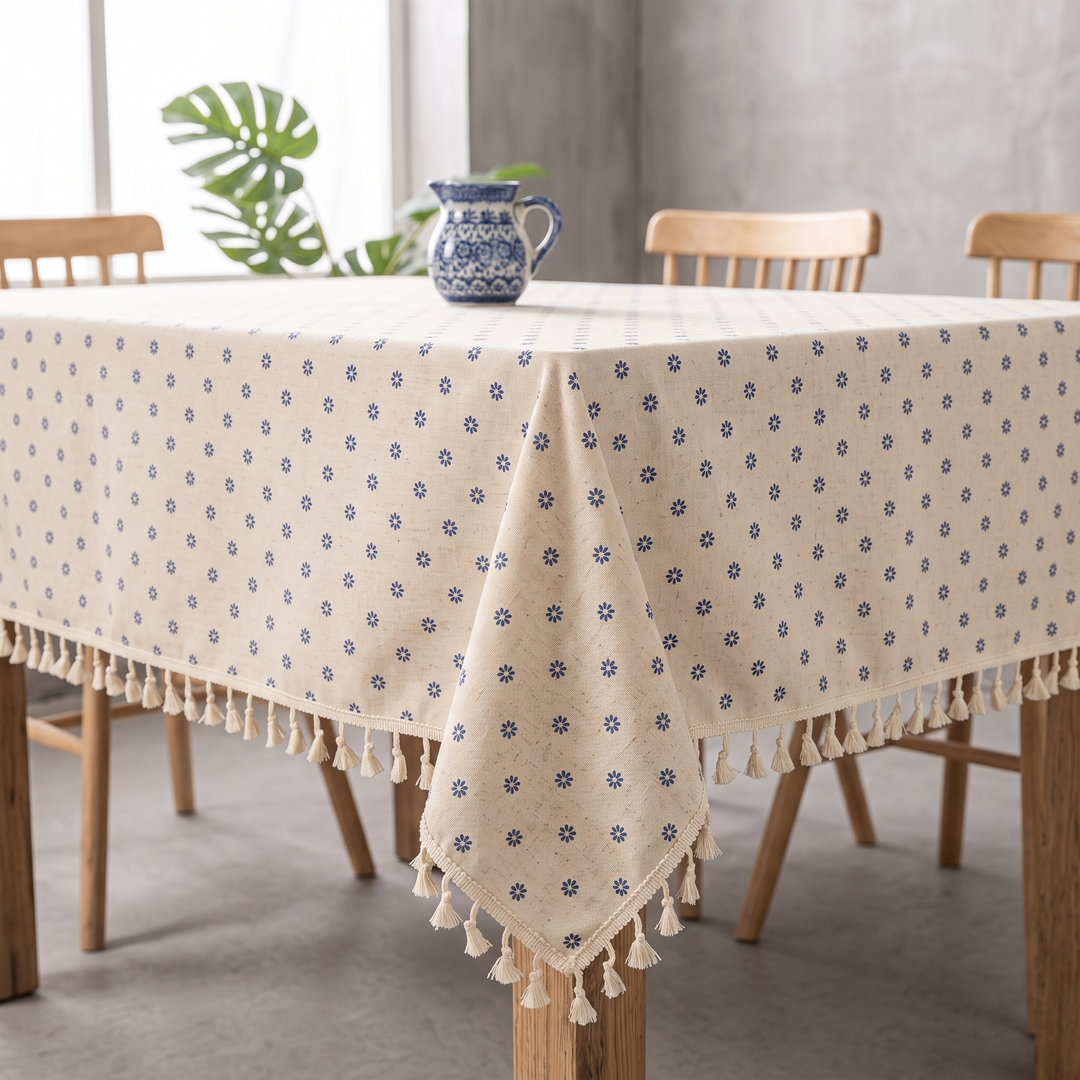 Floral Tablecloth with Tassels in Blue Daisy – topped with a patterned ceramic pitcher near a monstera plant