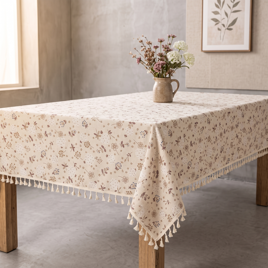 Floral Tablecloth with Tassels in Brown Wildflower – covering a rectangular table in a sunlit gray room