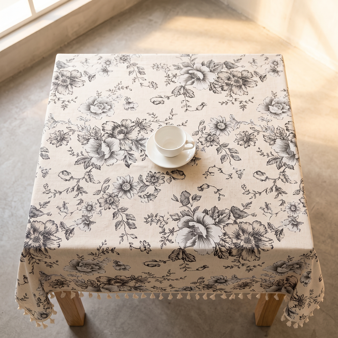 Floral Tablecloth with Tassels in Gray Peony – overhead view on a square table with a white teacup and saucer
