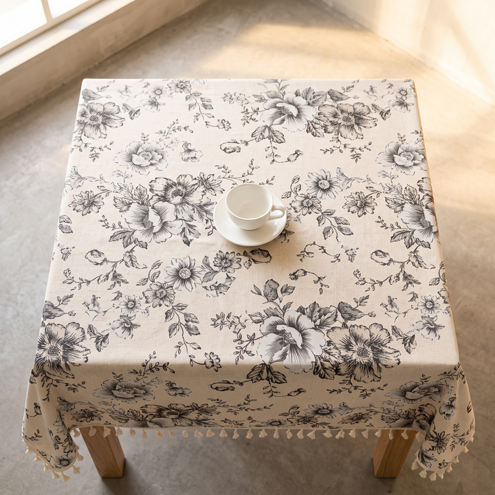 Floral Tablecloth with Tassels in Gray Peony – overhead view on a square table with a white teacup and saucer