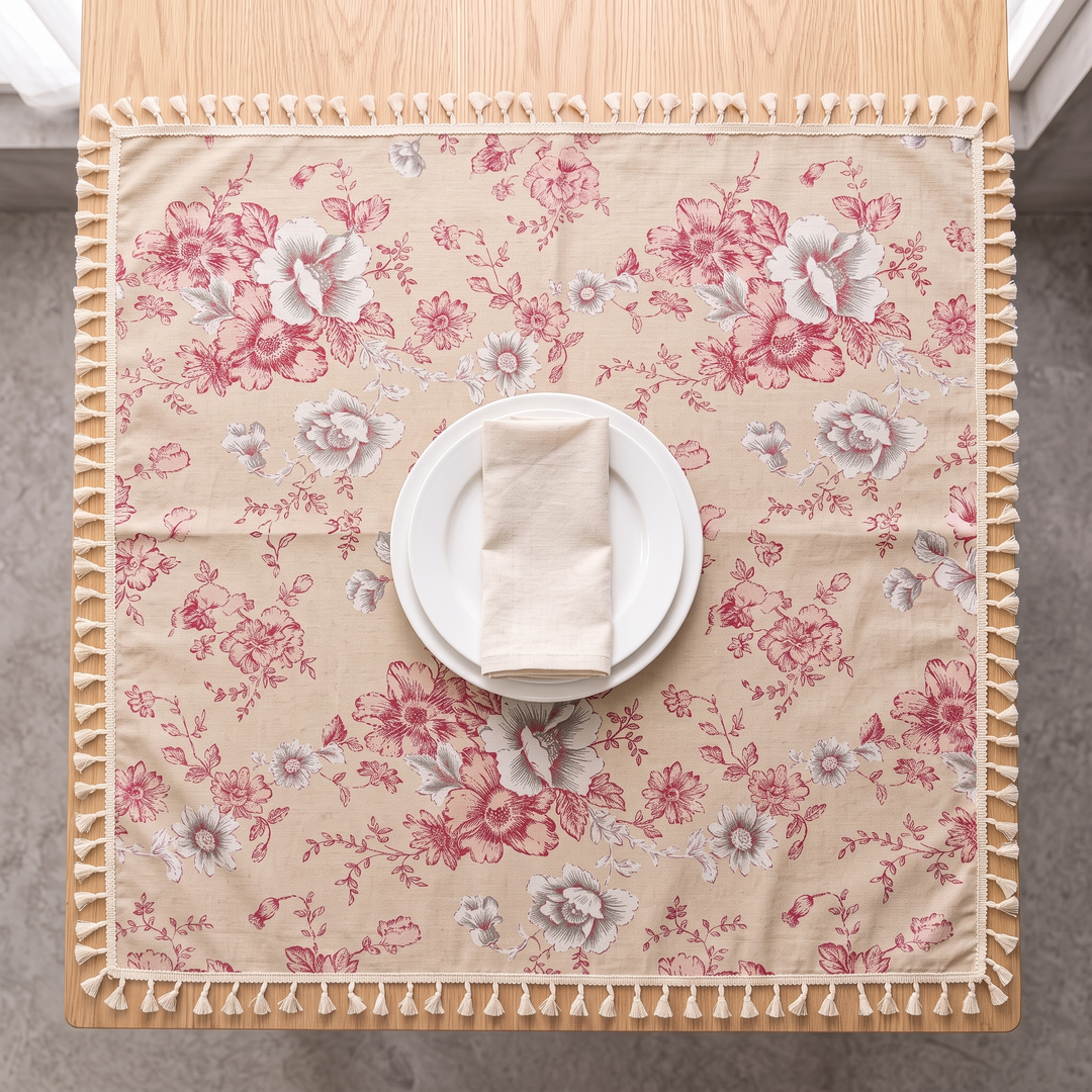 Floral Tablecloth with Tassels in Pink Peony – seen from above with stacked white plates and folded napkin