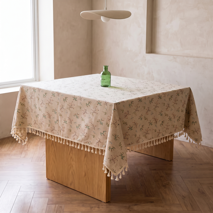 Floral Tablecloth with Tassels in Sage Sprig – on a square wooden table with a green glass bottle