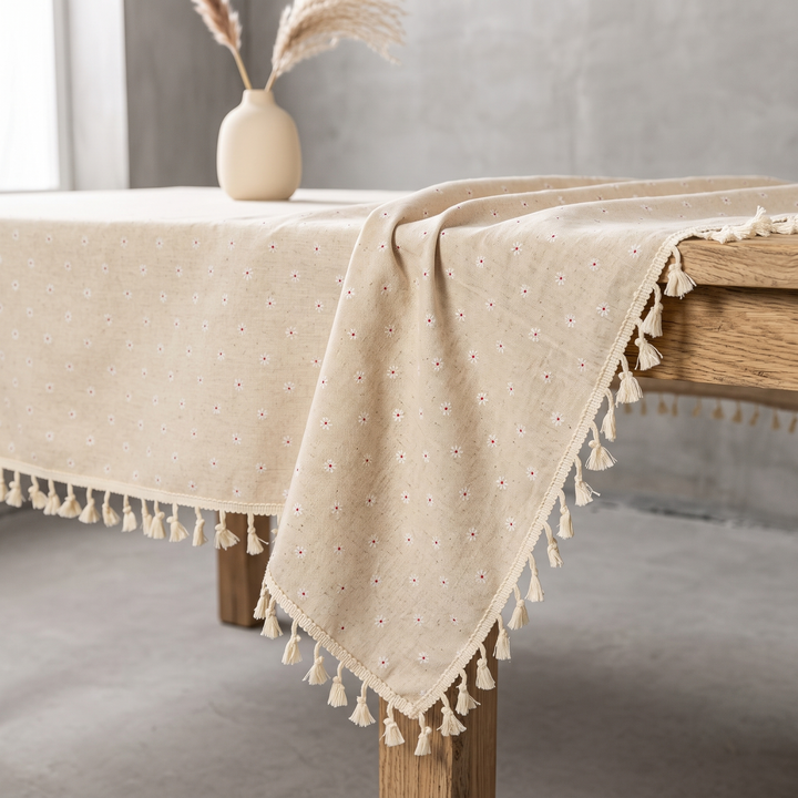 Floral Tablecloth with Tassels in Beige Daisy – draped over a wooden table corner beside a vase of pampas grass