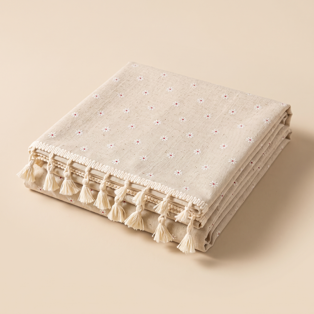 Floral Tablecloth with Tassels in Beige Daisy – folded neatly into a stack on a plain beige background