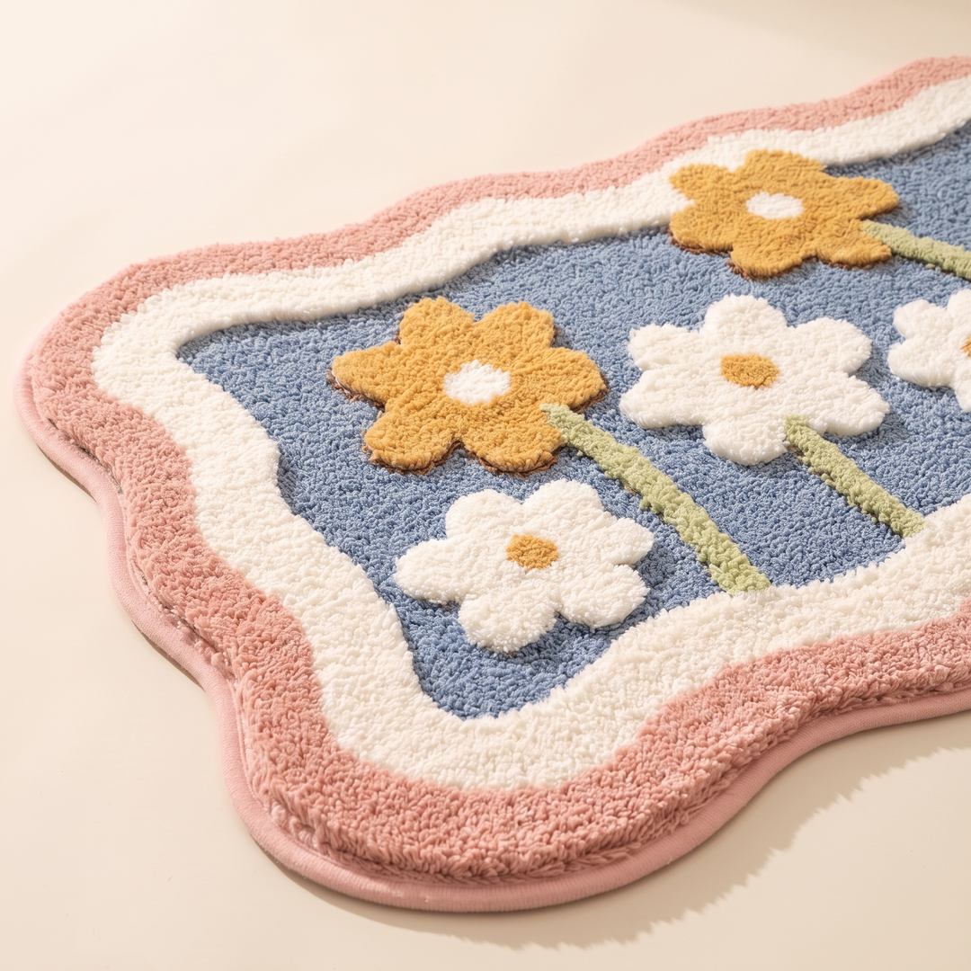 Floral Bath Mat – Tufted in Blue Floral – close-up of tufted daisies and the wavy scalloped edge