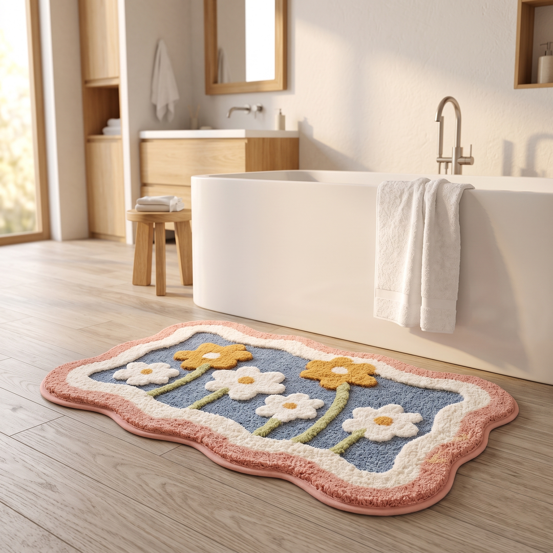 Floral Bath Mat – Tufted in Blue Floral – on a wood floor beside a freestanding bathtub