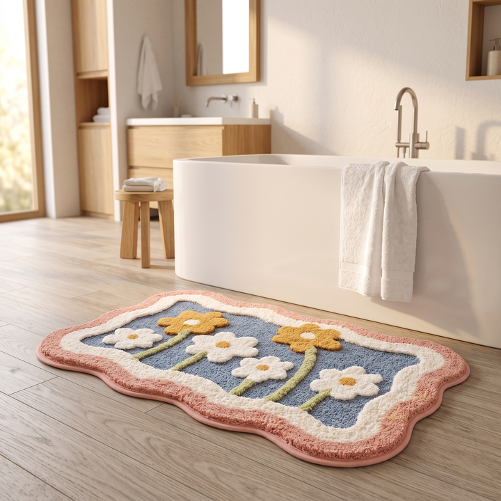 Floral Bath Mat – Tufted in Blue Floral – on a wood floor beside a freestanding bathtub
