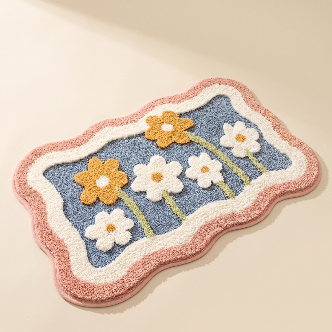 Floral Bath Mat – Tufted in Blue Floral – laid flat on a cream floor, seen from above at an angle