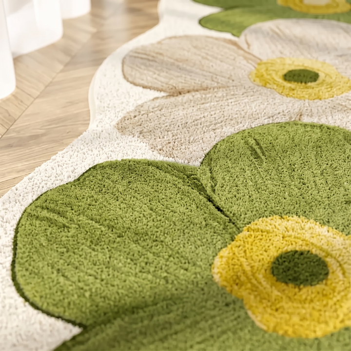 Flower Rug – Bedside Runner in Moss Green – close-up of tufted flower petals on a herringbone wood floor