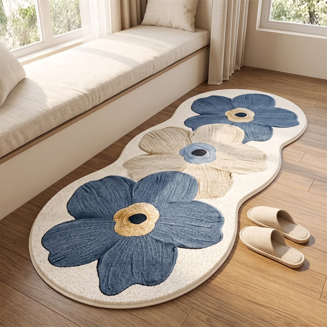 Flower Rug – Bedside Runner in Slate Blue – on a wood floor beside a window seat with slippers